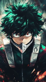 Green haired masked anime hero in intense close portrait.