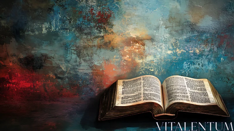 Ancient open book rests before textured abstract wall.