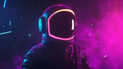 Neon lit astronaut in glowing pink and blue space scene.