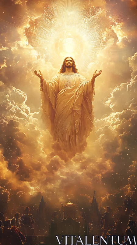 Radiant ascension amid golden clouds and celestial splendor.