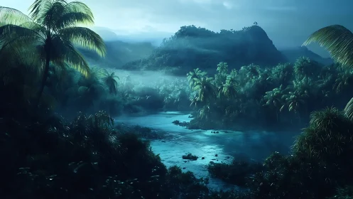Mist-Veiled Tropical Valley with Luminous Aquatic Core
