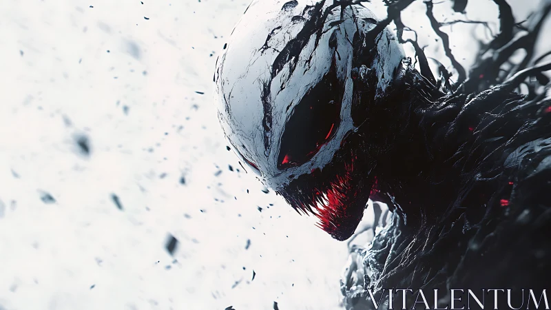 Monochrome symbiotic creature with glowing red void eyes.