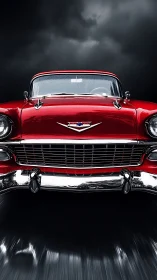 Red classic car surges forward beneath storm-dark skies