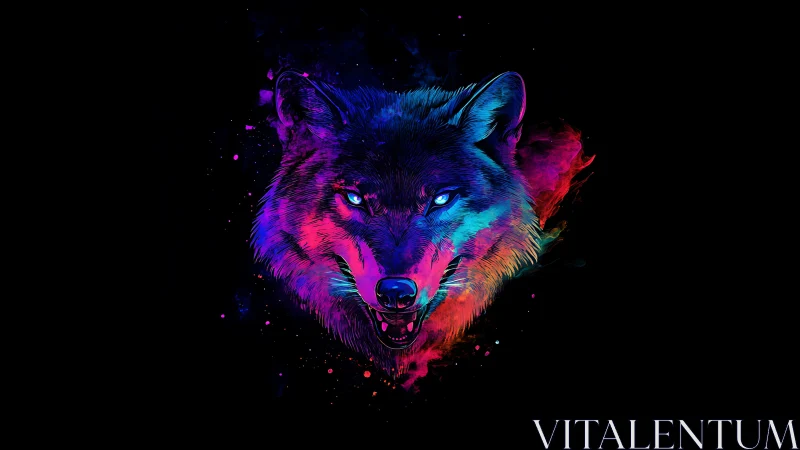 Neon wolf portrait blazes in vivid cosmic splashes of color.