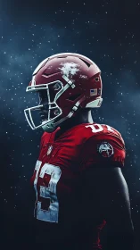 Digital portrait of football player in red uniform under snow.