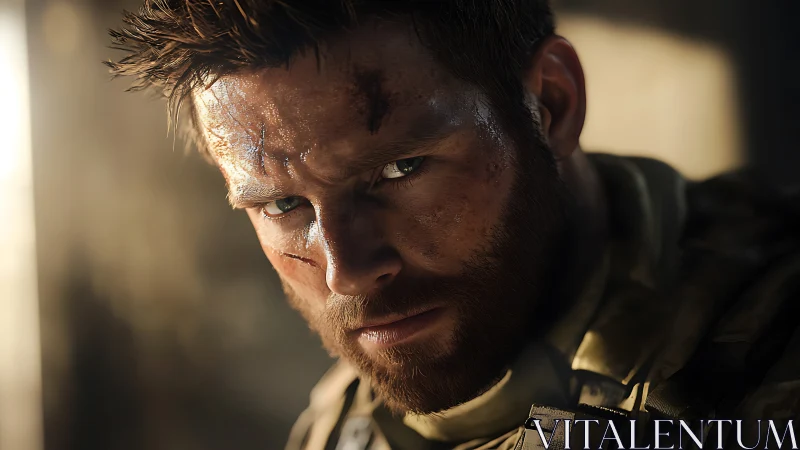 Battle-hardened soldier stares forward under harsh sunlight