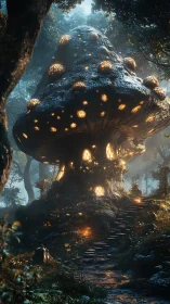 Enchanted mushroom tree house glowing in twilight forest.