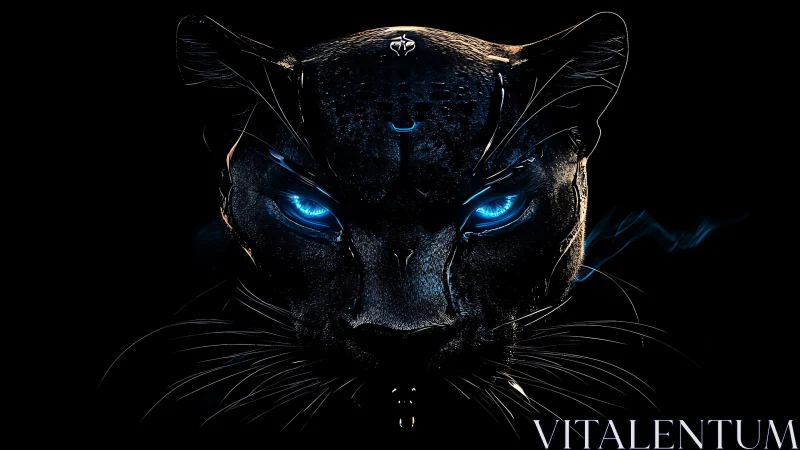 Digital rendering of feline head with luminescent blue eyes and high-contrast noir lighting