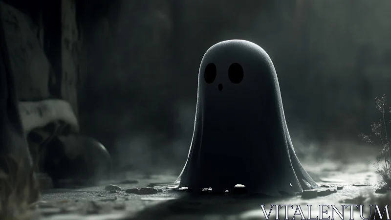 Lonely cartoon ghost stands in misty, dim alleyway at night.
