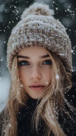 Photorealistic winter portrait in shallow depth-of-field focus.