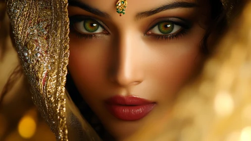 Close-up portrait of woman with green eyes and gold veil.