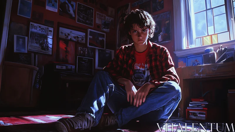 Moody teenage boy in sunlit bedroom packed with posters.