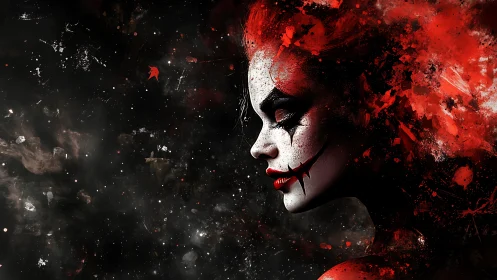 Crimson dreamer with painted smile in a drifting twilight storm.