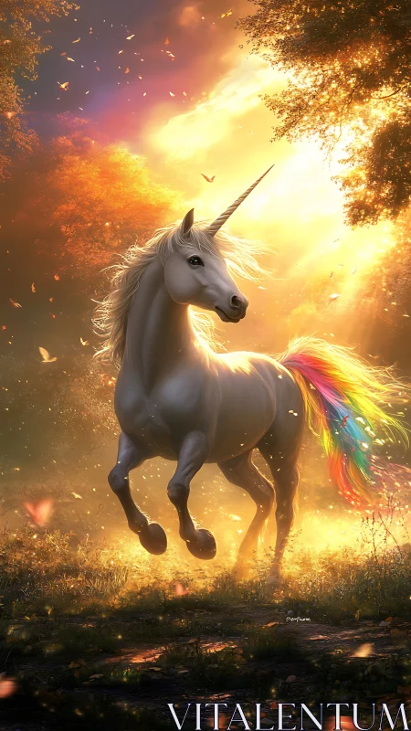 Golden forest unicorn dancing through rainbow light.