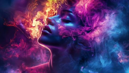 Digital painting portrait in iridescent neon smoke immersion.