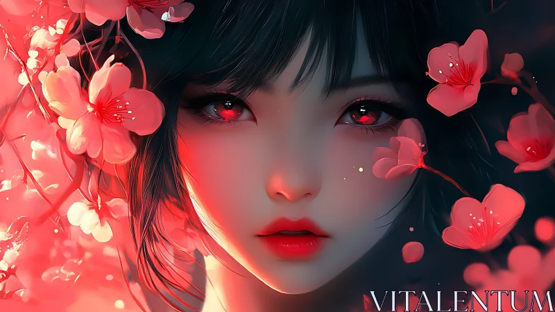 Cherry blossom anime portrait with glowing red tones.