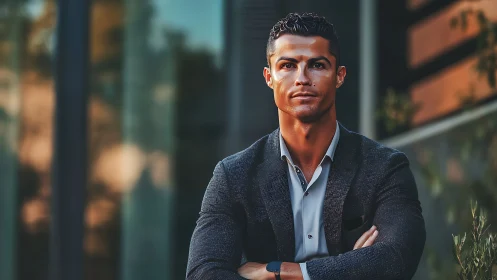 Sharp-suited professional leans into dusk-lit urban reflections