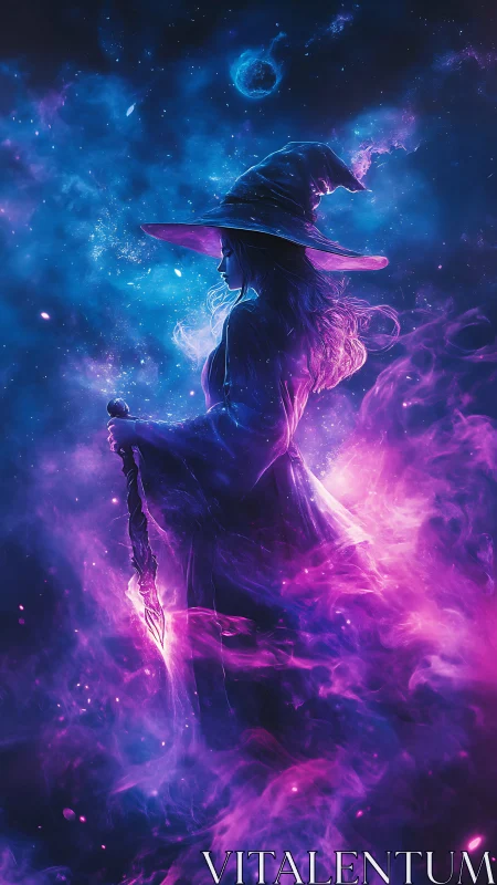 Starlit sorceress walks through glowing nebula clouds of magic
