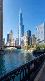 Urban riverfront skyline with high-rise towers in daylight.