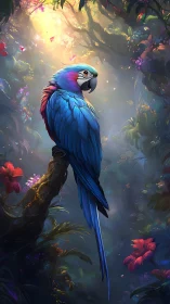 Blue parrot perches on branch in dense, glowing rainforest