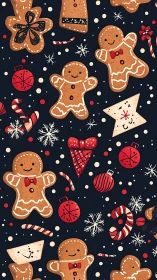 Digital pattern of stylized gingerbread cookies and ornaments.