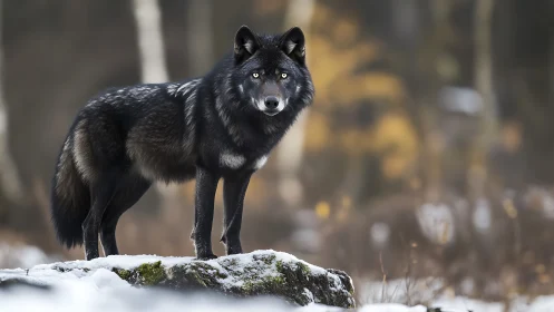 Black wolf standing on snow-covered rock in forest habitat.