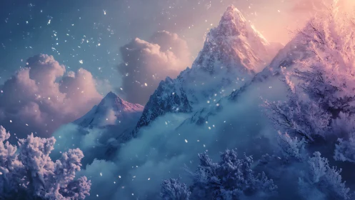 Snowlit mountain peaks under ethereal pink twilight glow.