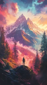 Solitary hiker surveys hyper-saturated alpine sunrise vista