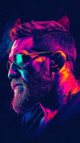 Neon-lit bearded profile in vivid duotone portrait.
