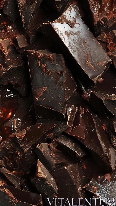 Dark chocolate fragments display sharp edges and glossy surfaces
