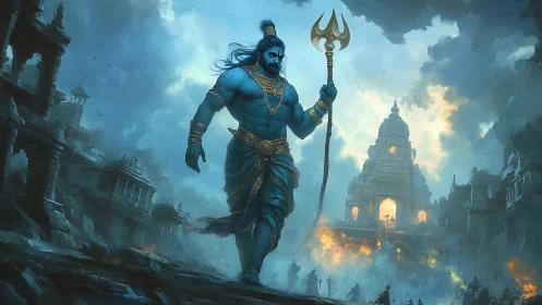 Storm-blue deity strides through burning temple twilight