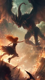 Woman confronts massive horned demon amid fiery ruins