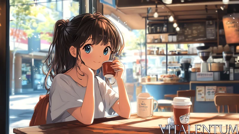 Anime cafe vignette with volumetric light and depth cues.