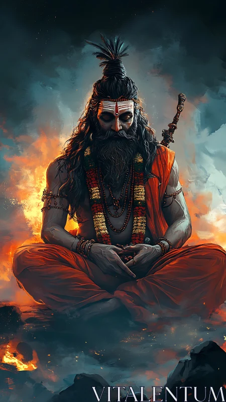 Ascetic yogi levitating in blazing infernal landscape meditation