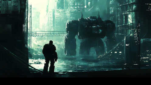 Midnight pilot confronts towering mech in neon rain