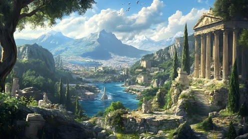 Sunlit ancient valley with marble temple above azure bay.