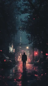 Lone silhouette on wet neon city street at night.