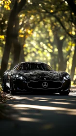 Black Mercedes sports car drives on shaded forest road