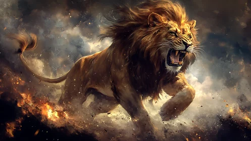 Dynamic digital painting of roaring lion in explosive storm.