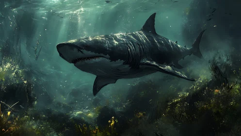 Large shark swims through dimly lit underwater seafloor habitat