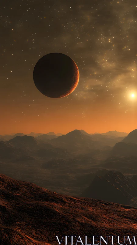 Distant planetary landscape under eclipsed sun and stars.