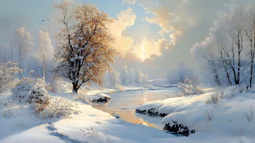Snow-laden river valley captures luminous winter sunrise
