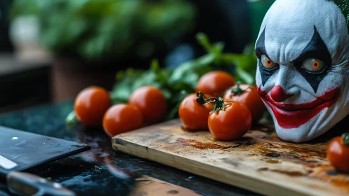 Sinister clown head watches bright tomatoes on chopping board.