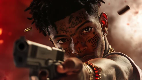 Close frontal view of armed figure with stylized face tattoos.