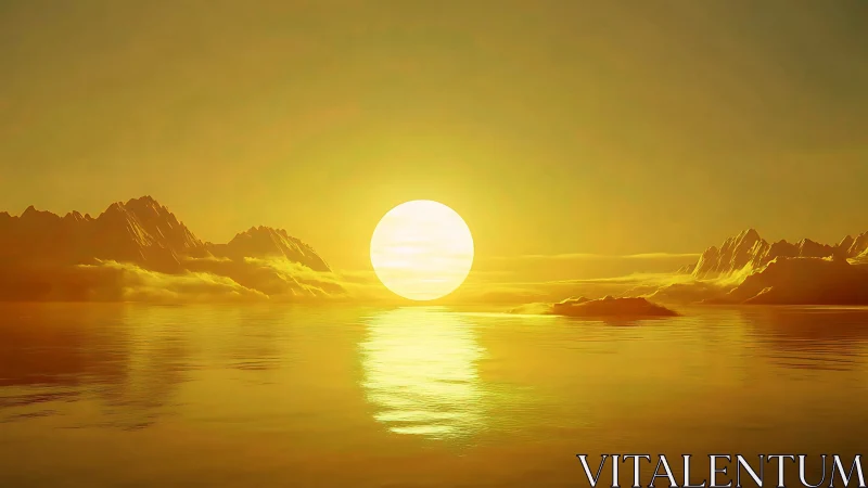 Golden sun over calm reflective water and distant peaks.