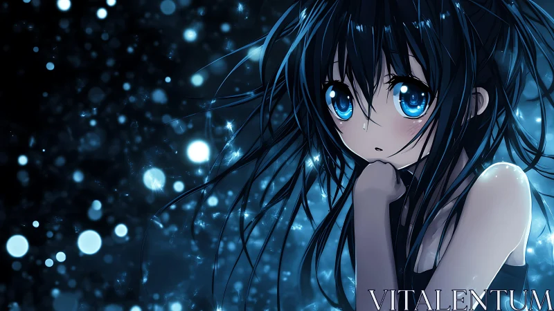 Starlit blue eyed anime girl adrift in quiet midnight glow.