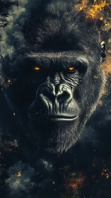 Fiery eyed gorilla stares out from smoky shadows with power