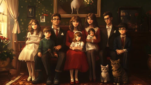 Candlelit family portrait with pets and secret smiles.