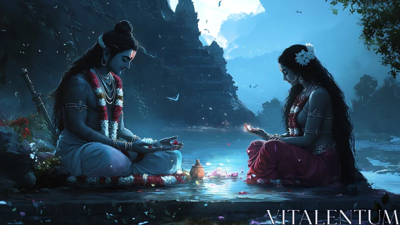 Divine couple in moonlit riverside meditation, cyan glow.