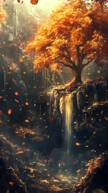 Golden autumn tree above luminous canyon waterfall.